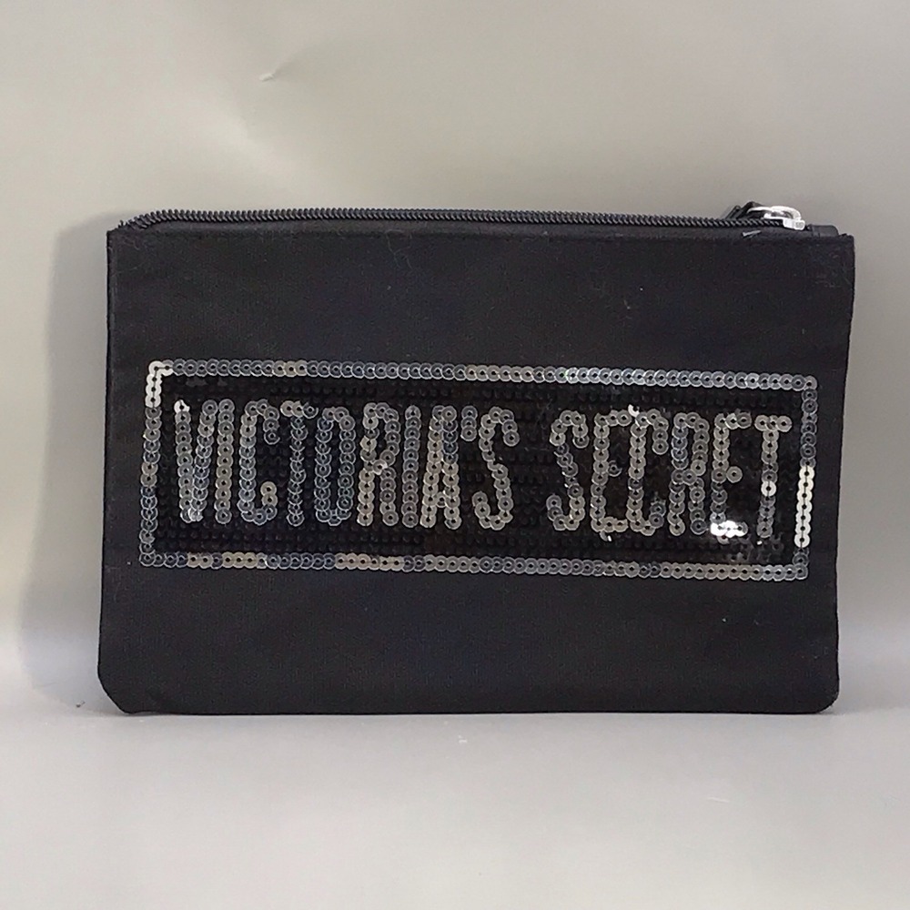 Victoria's Secret Wristlet Cosmetic Bag - Black With Silver Sequins 9" x 6" NWOT